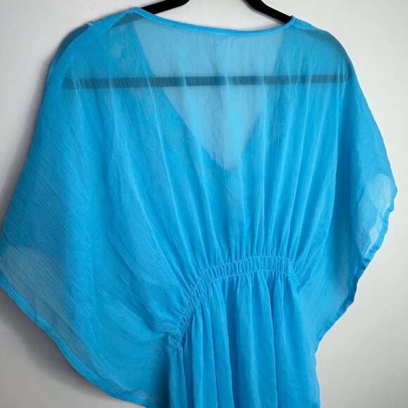Aqua Blue Lace Trim Swim Cover Up Beach Kaftan Resort Wear Sheer Tunic - Picture 5 of 6